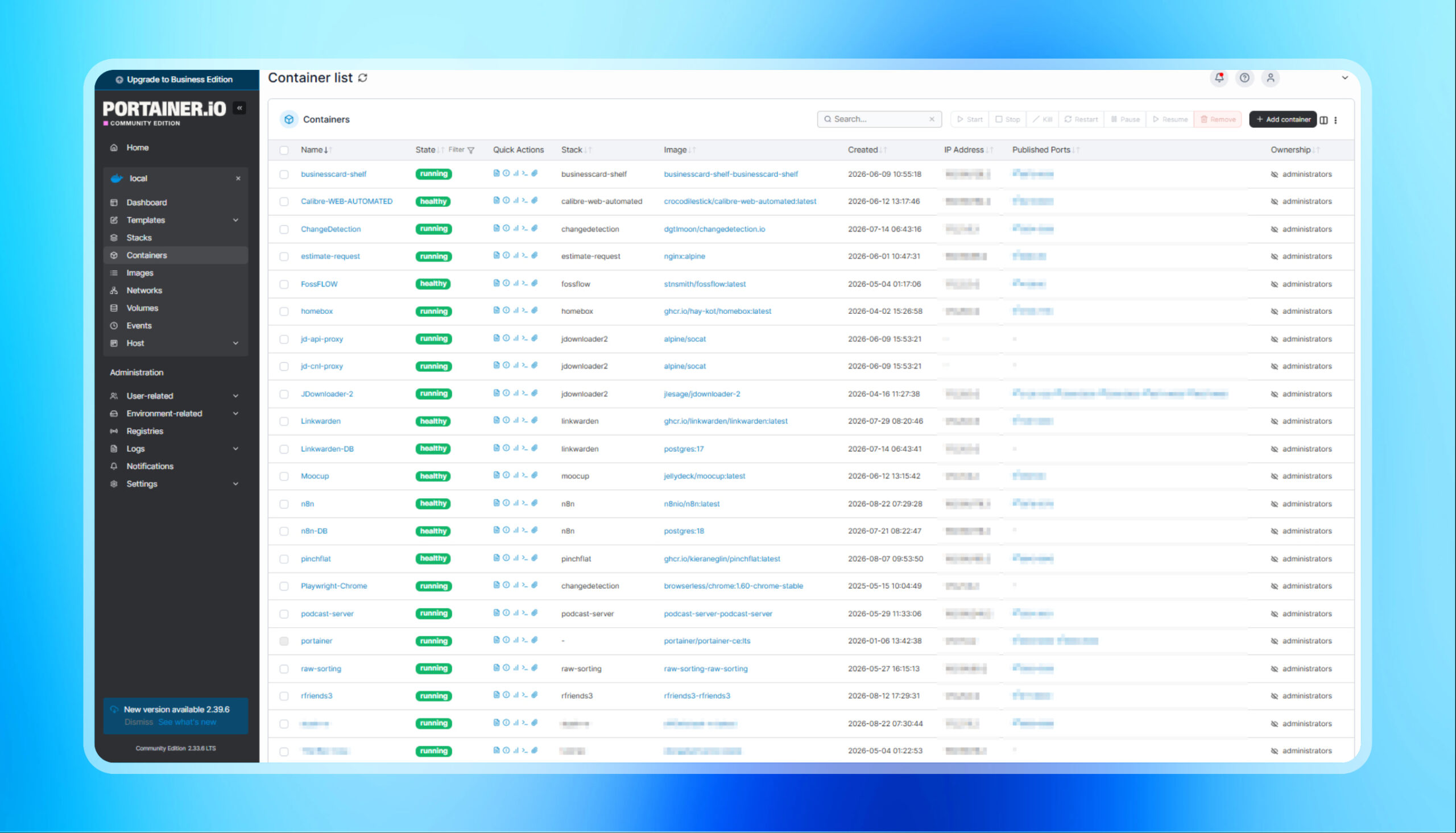 Portainerで管理しているDocker環境の様子